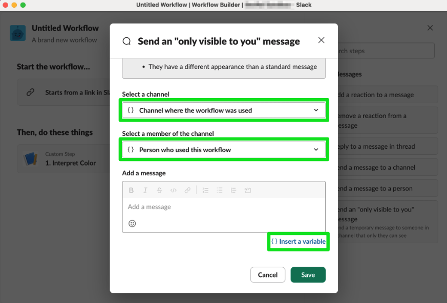 Configuring ephemeral message step in Workflow Builder