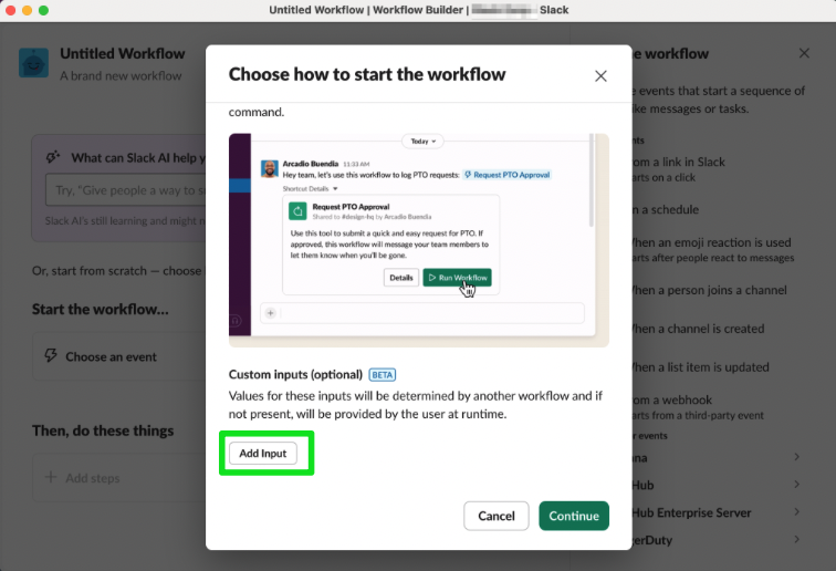 Adding custom inputs to a new workflow in Workflow Builder