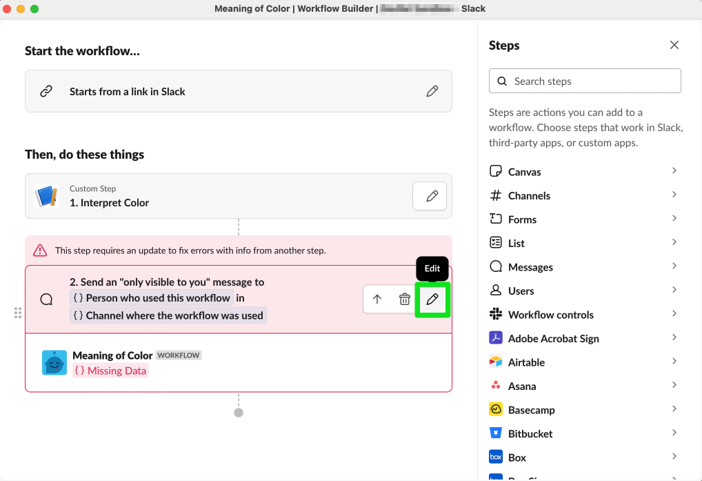 Editing the ephemeral message step in Workflow Builder