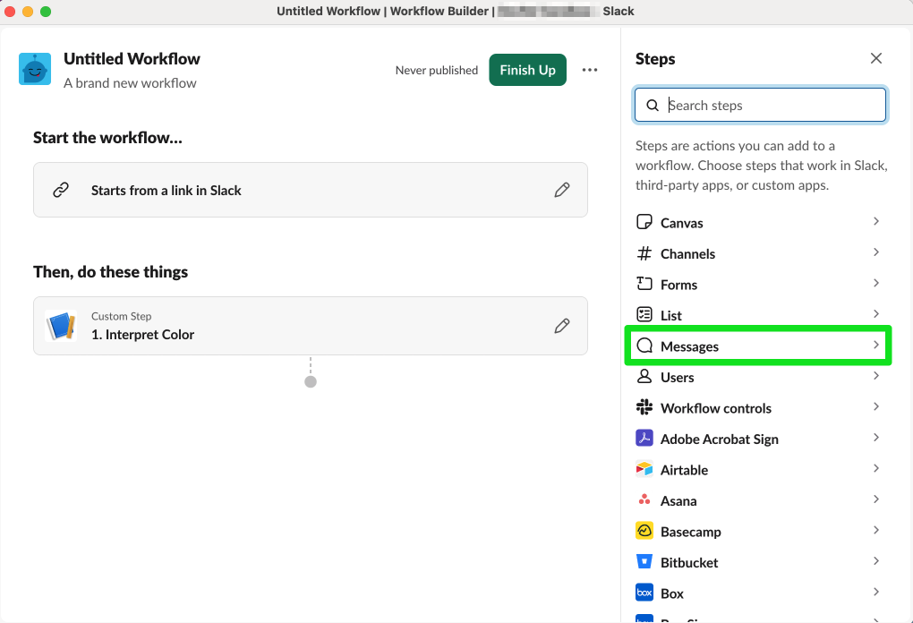 Locating Messages functions in Workflow Builder